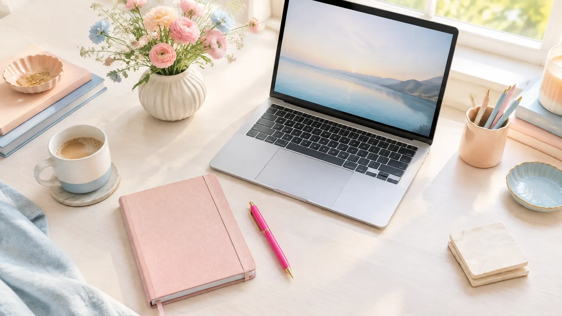 Outsourcing Social Media Management: How to Know It’s Time (And How to Hand It Over Without Losing Your Voice) article image showing a soft pink desk with a laptop, coffee, flowers and a pastel notebook