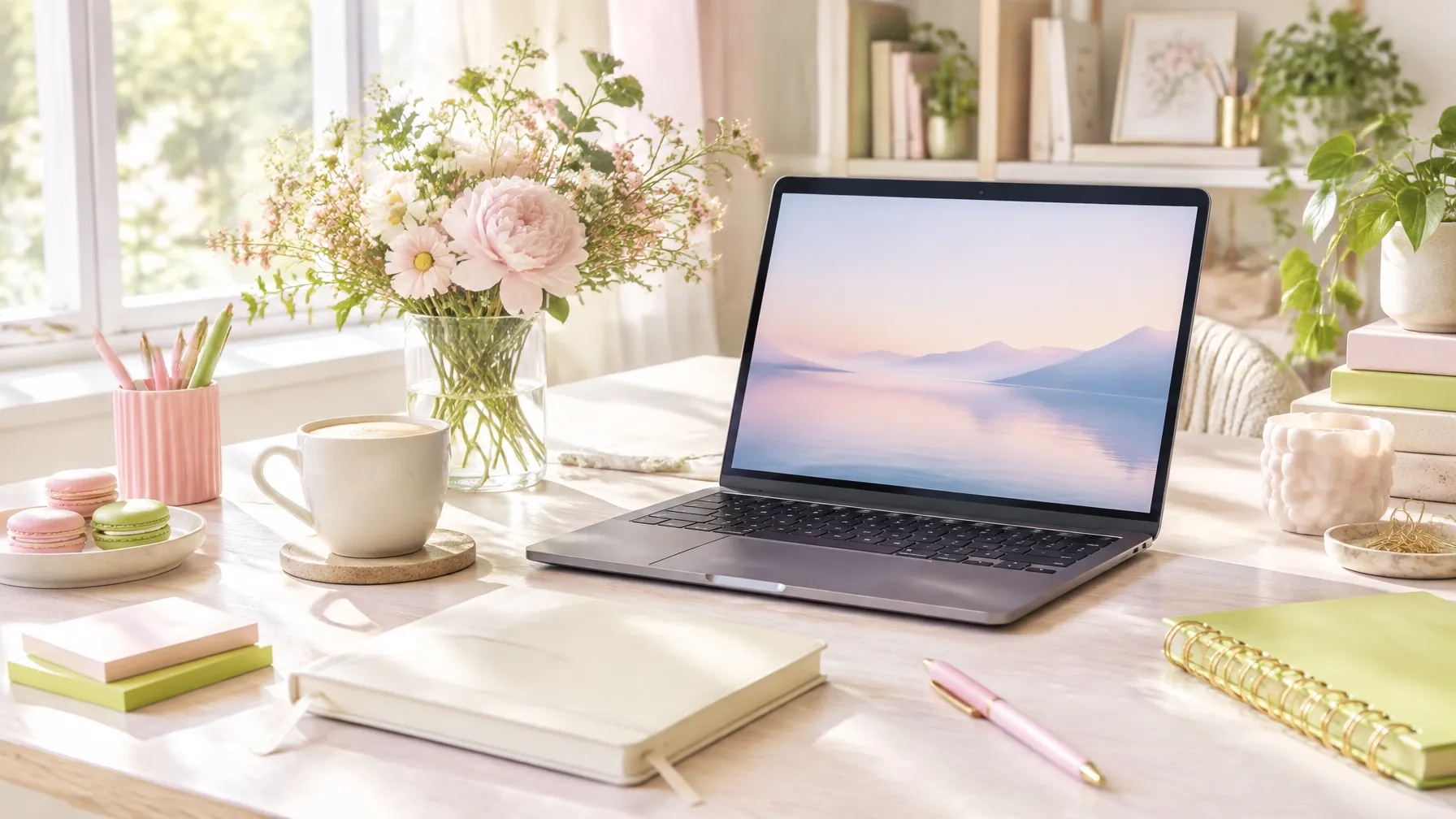 Are Instagram Reels Still Worth It in 2026? Here’s What Small Businesses Should Actually Focus On article image showing a bright feminine workspace with a laptop, coffee, flowers and pastel stationery