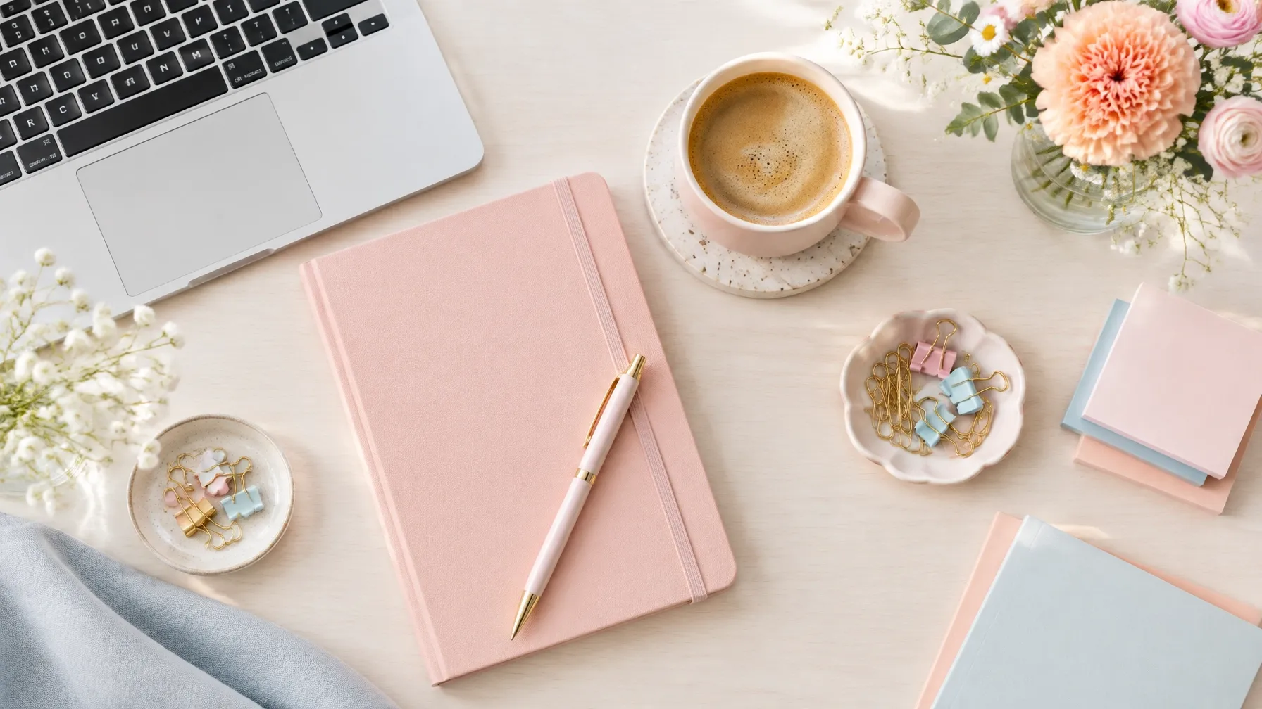 How to Create a Social Media Content Calendar in 5 Minutes (Small Business Edition) article image showing a light desk with a pink notebook, coffee, laptop and flowers